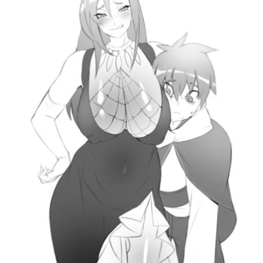 satou kazuma, sylvia (konosuba), oreomanko, 1boy, 1futa, big breasts, big penis, breasts, cleavage, clothed, clothing, dress, duo, elbow gloves, flaccid