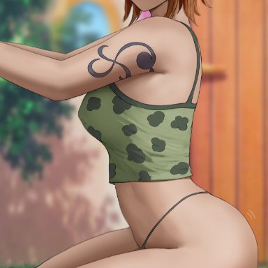 one piece, nami, savagexthicc, 1girls, big ass, big breasts, big butt, blush, crouching, female, female only, g-string, large breasts, looking at viewer, orange eyes