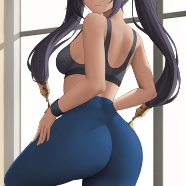 genshin impact, mona (genshin impact), zaphn, 1girls, ass, black hair, breasts, female, female only, green eyes, hips, huge ass, indoors, large breasts, long hair