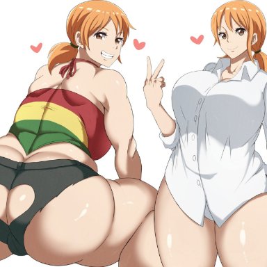 one piece, one piece: strong world, nami, oryuto, 1girls, ass, big ass, big breasts, breasts, female, female only, hole in shorts, huge ass, huge butt, long hair