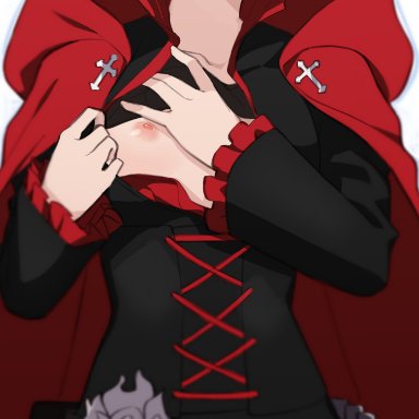 rwby, ruby rose, morisobo, belt, black hair, blush, breasts, cape, corset, cross, flower, head out of frame, hood, nipples, one breast out