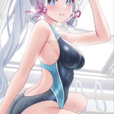 genshin impact, kamisato ayaka, fukuro ko (greentea), 1girls, :d, aqua hair, ass, bare shoulders, blush, closed eyes, eye contact, female, female only, hair ribbon, hand on head