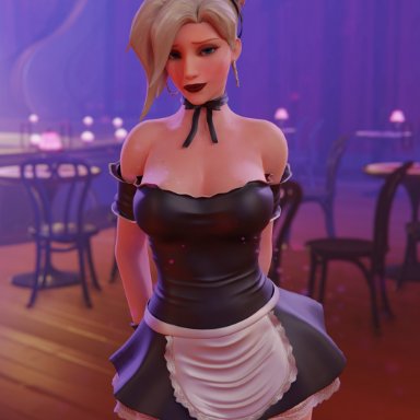 overwatch, mercy, gladionanimated, 1girls, alternate costume, big breasts, blonde female, blonde hair, blue eyes, blush, blushing at viewer, bow, bowtie, cleavage, curvy