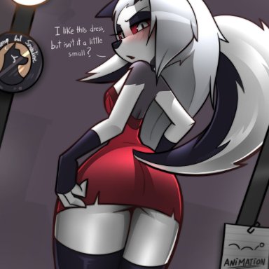 helluva boss, loona (helluva boss), jizoku, 1girls, anthro, fur, furry, hellhound, mirror, red dress, solo, solo female, solo focus, thighhighs, white fur