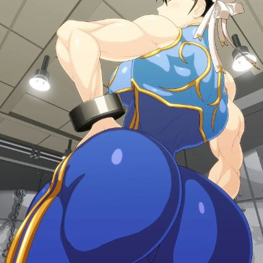 street fighter, street fighter v, chun-li, ren (tainca2000), rentb, 1girl, amazon, asian female, ass, ass focus, athletic female, back view, backboob, big ass, blue bodysuit