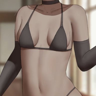 one-punch man, tatsumaki, oroborusart, savagexthicc, 1girls, armwear, bikini, breasts, eye contact, female, female focus, female only, green eyes, green hair, looking at viewer