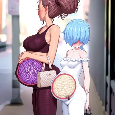 cleo (fellatrix), daisy (fellatrix), fellatrix, 2girls,  hair, big belly, big breasts, blue hair, blush, cervix plugged, cum plugged, filled belly, hairbun, looking away, looking down