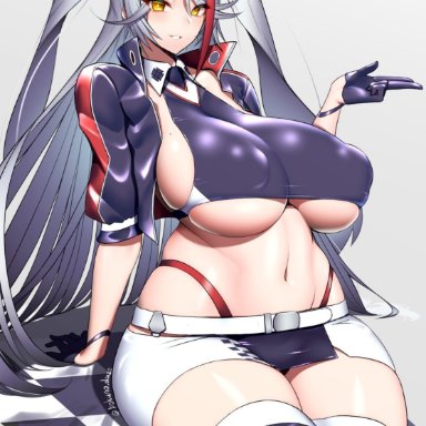 azur lane, prinz eugen (azur lane), bokuno, 1girls, belly, belly button, big breasts, blush, blushing, breasts, child bearing hips, curves, curvy, curvy body, curvy female