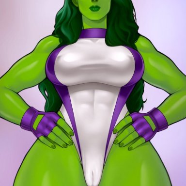 marvel, marvel comics, she-hulk: attorney at law, jennifer walters, she-hulk, loodncrood, 1girls, bodysuit, cameltoe, green body, green hair, green skin, muscular, muscular arms, muscular female