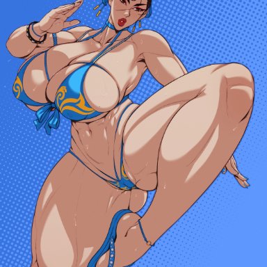 capcom, street fighter, chun-li, raidouzero, 1girls, armwear, ass, ass visible through thighs, big breasts, big lips, bikini, bikini bottom, bikini top, blue bikini, blue nail polish