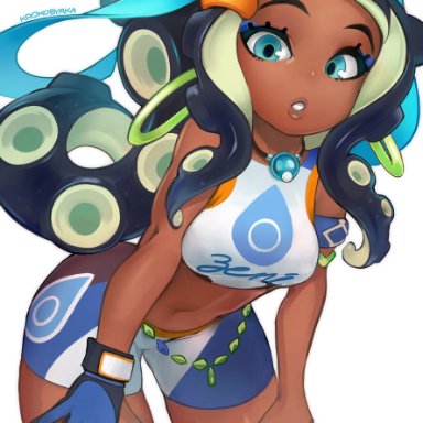 nintendo, pokemon, splatoon, gym leader (cosplay), nessa (pokemon), octoling, krokobyaka, bent over, cosplay, dark-skinned male, dark skin, tagme