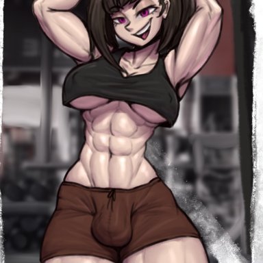 phess, 1futa, abs, armpits, arms up, balls bulge, belly, belly button, big breasts, big penis, breasts, bulge, bulge through clothing, clothed, clothing