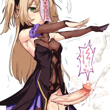 genshin impact, fischl (genshin impact), calpish, 1futa, balls, balls clenching, big balls, big penis, black gloves, blank eyes, blonde hair, clothed, clothing, cum, cumdrip