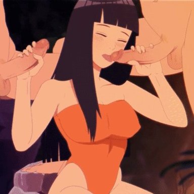 naruto, naruto (series), hyuuga hinata, uzumaki naruto, angelyeah, blush, canon couple, clone, cute, licking, licking penis, penis, threesome, trio, animated