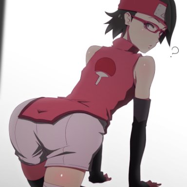 boruto: naruto next generations, naruto, naruto (series), sarada uchiha, konbari tariumu, 1girls, ?, all fours, arm warmers, armwear, ass focus, back view, bare shoulders, bare thighs, bending over