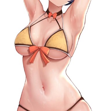 genshin impact, xiangling (genshin impact), bitseon, 1girls, amber eyes, armpits, arms up, bikini, blue hair, breasts, female, female only, gold bikini, hips, large breasts