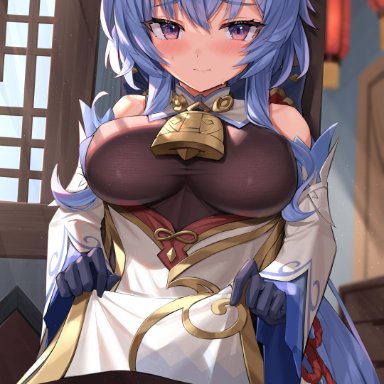 genshin impact, ganyu (genshin impact), kyonta, 1female, ahoge, bangs, bare shoulders, bell, big breasts, black gloves, blue hair, blurry, blurry background, blush, breasts