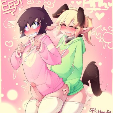 max (hoodie), vick (hoodie), hoodie (artist), 2boys, anal, anal insertion, balls, black hair, blonde hair, blush, bottomless, clothed, clothing, dog ears, dog tail