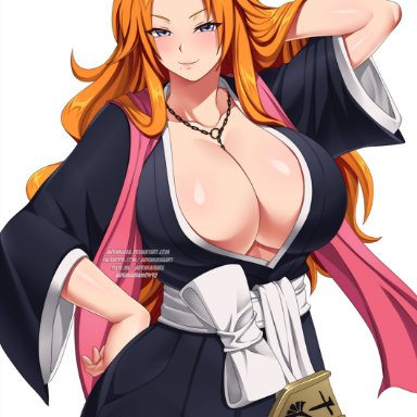 bleach, matsumoto rangiku, jadenkaiba, 1girls, arm behind head, belt, big breasts, blue eyes, blush, breasts, busty, center opening, chain necklace, chains, cleavage