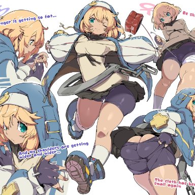 guilty gear, guilty gear strive, bridget, chris (mario), ambiguous gender, ass, big ass, big butt, blonde hair, blue eyes, fully clothed, hood, multiple views, shorts, solo