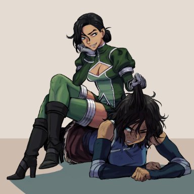 avatar the last airbender, the legend of korra, korra, kuvira, beto, 2girls, adapted costume, asymmetrical bangs, black hair, blue eyes, cleavage cutout, clenched teeth, crossed legs, dark-skinned female, dark skin