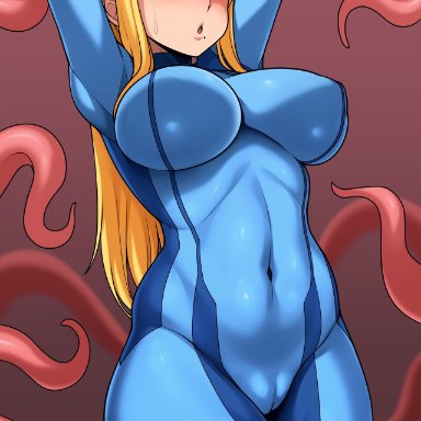 metroid, samus aran, jmg jellybean, blonde female, blonde hair, blue eyes, tentacle, worried, zero suit