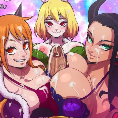 one piece, beast pirates (cosplay), carrot (one piece), monkey d luffy, nami, nico robin, kameseru, 1boy, 3girls, anthro, big penis, black hair, blonde hair, blush, breasts