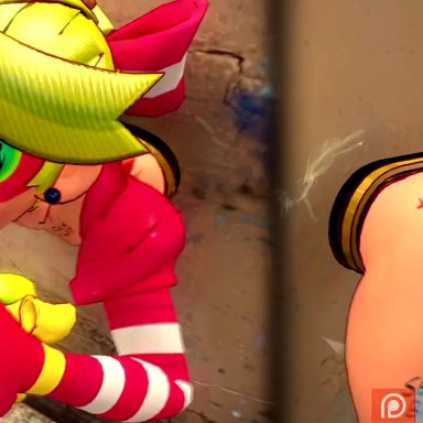 arms (game), ribbon girl, bulgemeister, 1girls, 2boys, anal, anal penetration, anal sex, blowjob, body writing, cum, facefuck, kabeshiri, one after another, oral