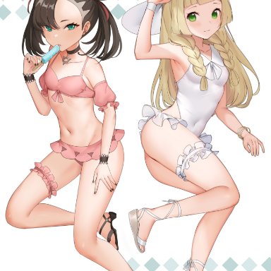 pokemon, pokemon sm, pokemon ss, lillie (pokemon), marnie (pokemon), haru (nakajou-28), harunn2288, 2girls, alternate costume, ass, bikini, black nails, blonde female, blonde hair, feet