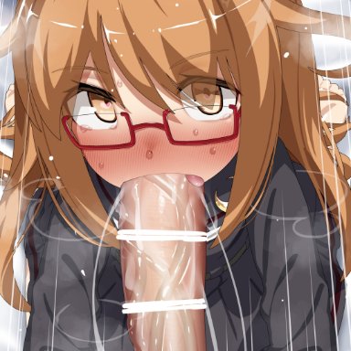 kantai collection, mochizuki (kantai collection), mizumizuni, 1boy, blush, erection, fellatio, female, glasses, large penis, long sleeves, looking at viewer, oral, orange hair, penis