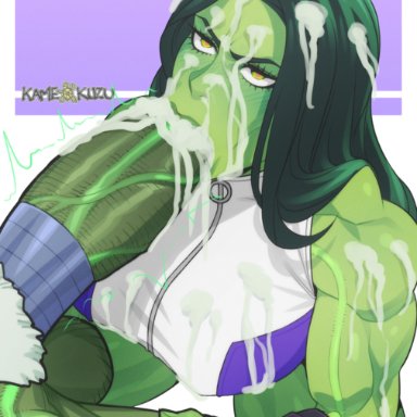 hulk (series), marvel, marvel comics, bruce banner, hulk, jennifer walters, she-hulk, kameseru, 1boy, 1girls, blowjob, blush, cousins, cum, cum in mouth