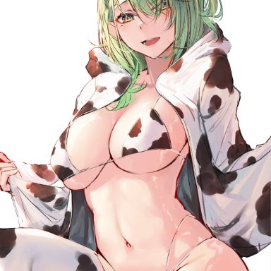 hololive, hololive english, hololive english -council-, ceres fauna, ginga elyka, naokomama, big breasts, cow print, exposed breasts, flower in hair, green hair, horns, thick thighs, white background, virtual youtuber