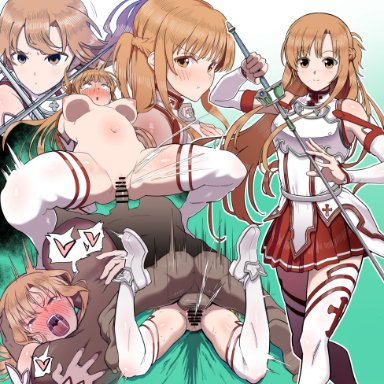 sword art online, aburisamon, 1boy, 1girl, 1girls, armor, asuna (sao), bangs, boy on top, braid, breastplate, brown eyes, brown hair, cheating (relationship), clothed female nude male