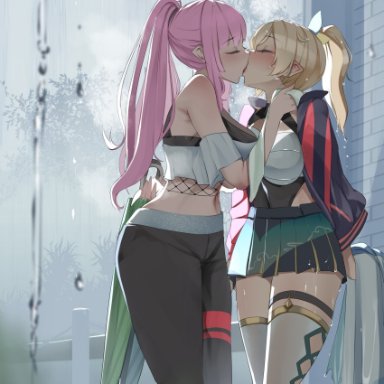 hololive, hololive english, kazama iroha, mori calliope, monobe, monobe yuri, 2girls, black jacket, black pants, blonde female, blonde hair, breasts, french kiss, hair ribbon, heart