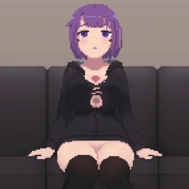 vel (kamuo), kamuo, boobs, casual sex, couch, cum, cum on breasts, emotionless, hoodie, paizuri, purple hair, ripped clothing, shirt rip, sitting, thick thighs