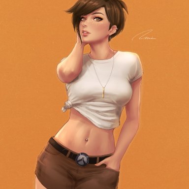 blizzard entertainment, overwatch, tracer, umigraphics, big breasts, casual, female, female only, light-skinned female, midriff, midriff baring shirt, navel, shirt lift, short shorts, tied shirt