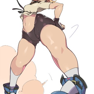 guilty gear, guilty gear strive, bridget, chris (mario), ambiguous gender, androgynous, blonde hair, blue eyes, fingerless gloves, gloves, shiny clothes, shorts, solo, solo focus, spandex shorts
