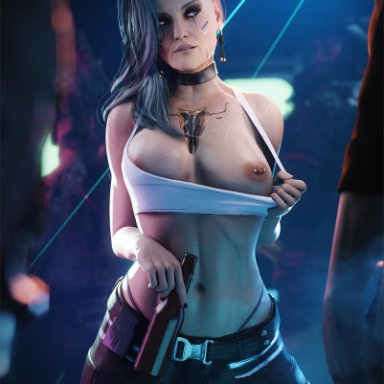 cd projekt red, cyberpunk 2077, rogue amendiares, fugtrup, 1girls, abs, areolae, beauty mark, beer, beer bottle, big breasts, biting lip, breasts, choker, crop top