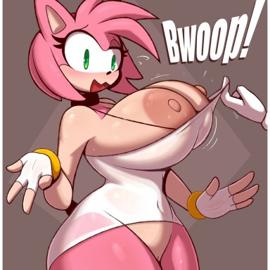 sega, sonic (series), sonic the hedgehog (series), amy rose, r-mk, anthro, areola, big areola, big breasts, blush, bodily fluids, breast out, breasts, clothed, clothing