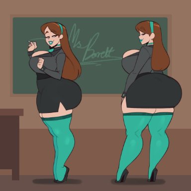 original, ms barrett, original character, zetaskully, 1girls, ass, big ass, big breasts, big butt, breasts, brown hair, chalk, chalkboard, classroom, cleavage