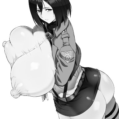 attack on titan, mikasa ackerman, t303, 1girls, ass, big ass, big breasts, big butt, big thighs, black hair, breasts, busty, clothed, clothed female, enormous breasts