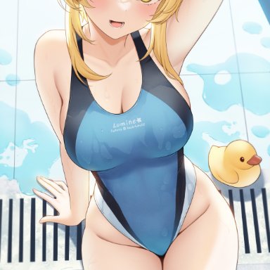 genshin impact, lumine (genshin impact), fukuro ko (greentea), 1girls, bare shoulders, big breasts, blonde female, blonde hair, blush, breasts, cleavage, female, female only, flower in hair, hand behind head