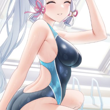 genshin impact, kamisato ayaka, fukuro ko (greentea), 1girls, aqua hair, ass, bare shoulders, blush, closed eyes, female, female only, hair ribbon, hand on head, happy, indoors