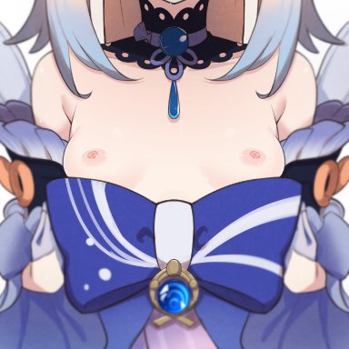 genshin impact, sangonomiya kokomi, morisobo, armpit crease, blonde hair, blue hair, blurry, breasts, breasts apart, closed mouth, clothes pull, depth of field, detached collar, detached sleeves, dress pull