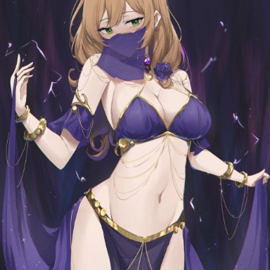 genshin impact, lisa (genshin impact), feintheart721, 1girls, body jewelry, breasts, brown hair, cleavage, dancer outfit, electricity, female, female only, green eyes, harem outfit, hips