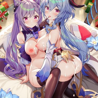 christmas, genshin impact, ganyu (genshin impact), keqing (genshin impact), akusema, 2girls, ahoge, ass, bangs, bare shoulders, bed, bed sheet, black gloves, black panties, black thighhighs