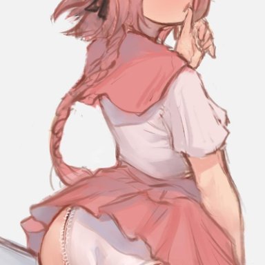 fate/grand order, fate (series), astolfo (fate), nat the lich, 1boy, ass, astolfo (sailor paladin) (fate), biting, black bow, black ribbon, bow, braid, come hither, dress, frilled panties