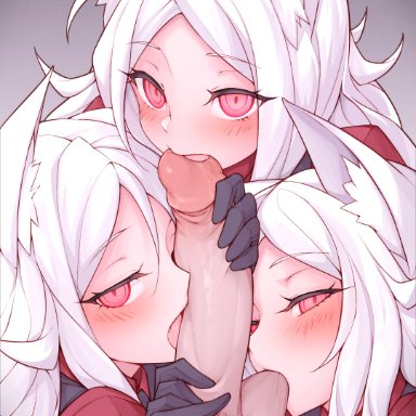 helltaker, cerberus (helltaker), waero, 3girls, animal ears, fellatio, penis, pink eyes, white hair