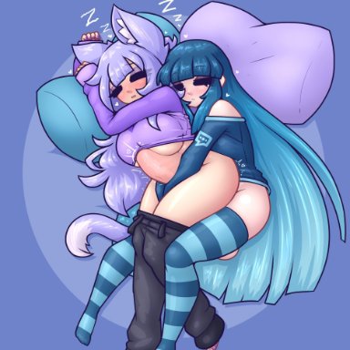 limebreaker, 1futa, 1girls, animal ears, bangs, bed, blue hair, bottomless, breasts, cat ears, cat tail, catgirl, clothed, clothing, dressed