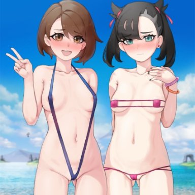 creatures (company), game freak, nintendo, pokemon, pokemon (game), pokemon ss, corviknight, gloria (pokemon), marnie (pokemon), xiangzi box, 2girls, alternate costume, areola slip, asymmetrical bangs, bangs